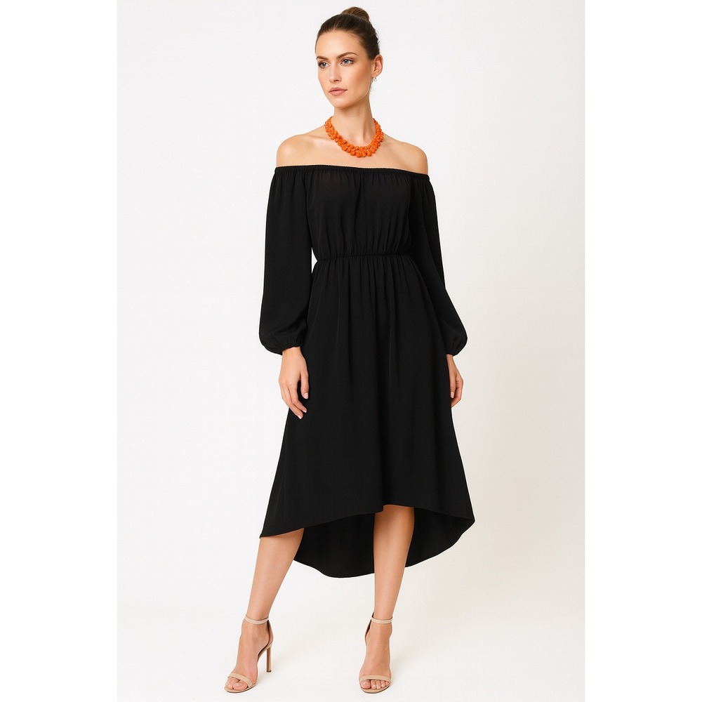 Black Off‎ Shoulder Long Sleeve Flowy Midi Dress Elastic Waist XL